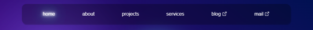 A transparent and blurred navigation bar component with 4 internal links - which are home, about, project, services & 2 external links - for blog and mail is shown